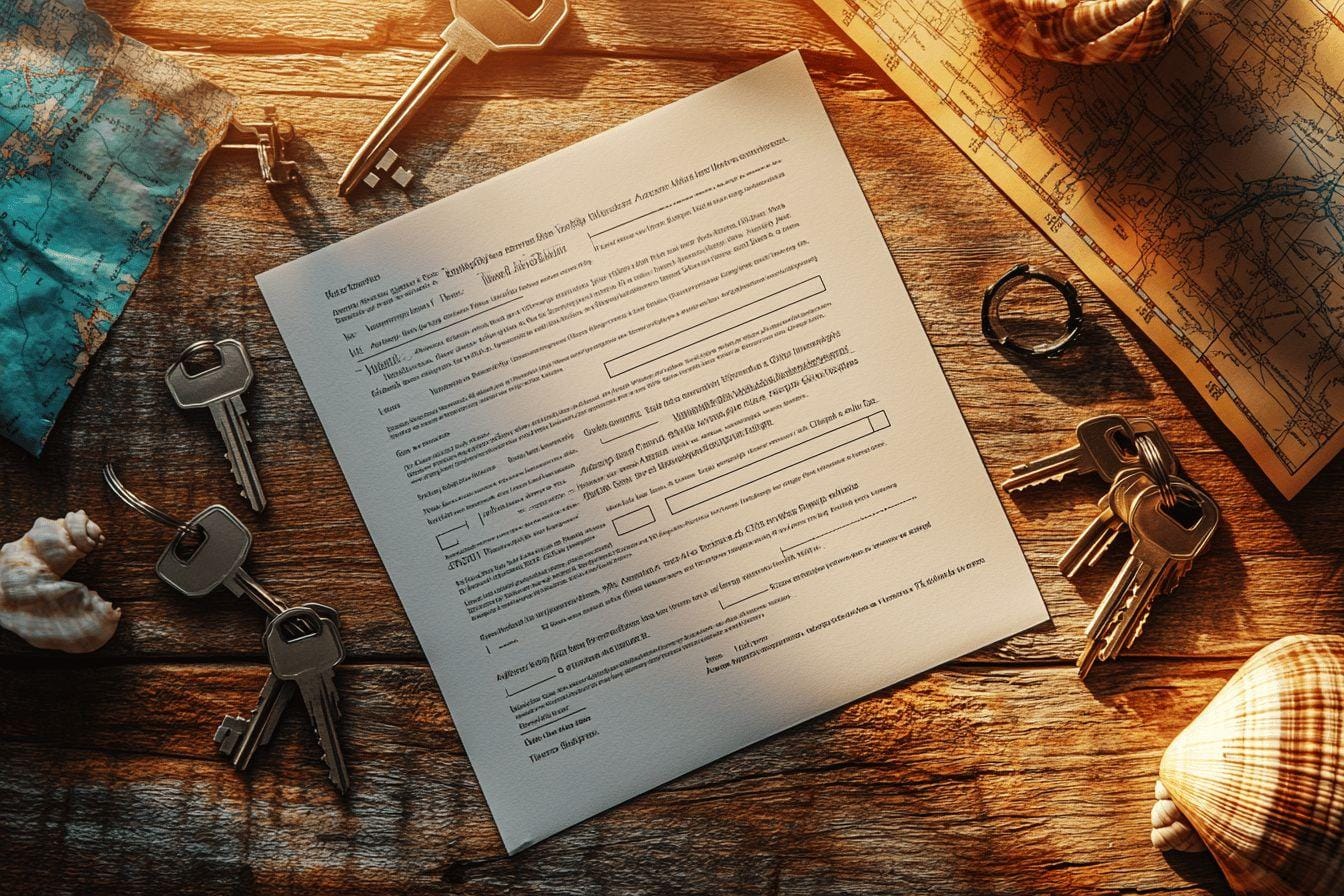 Contrat de bail de location saisonnière posé sur une table avec des clés de logement