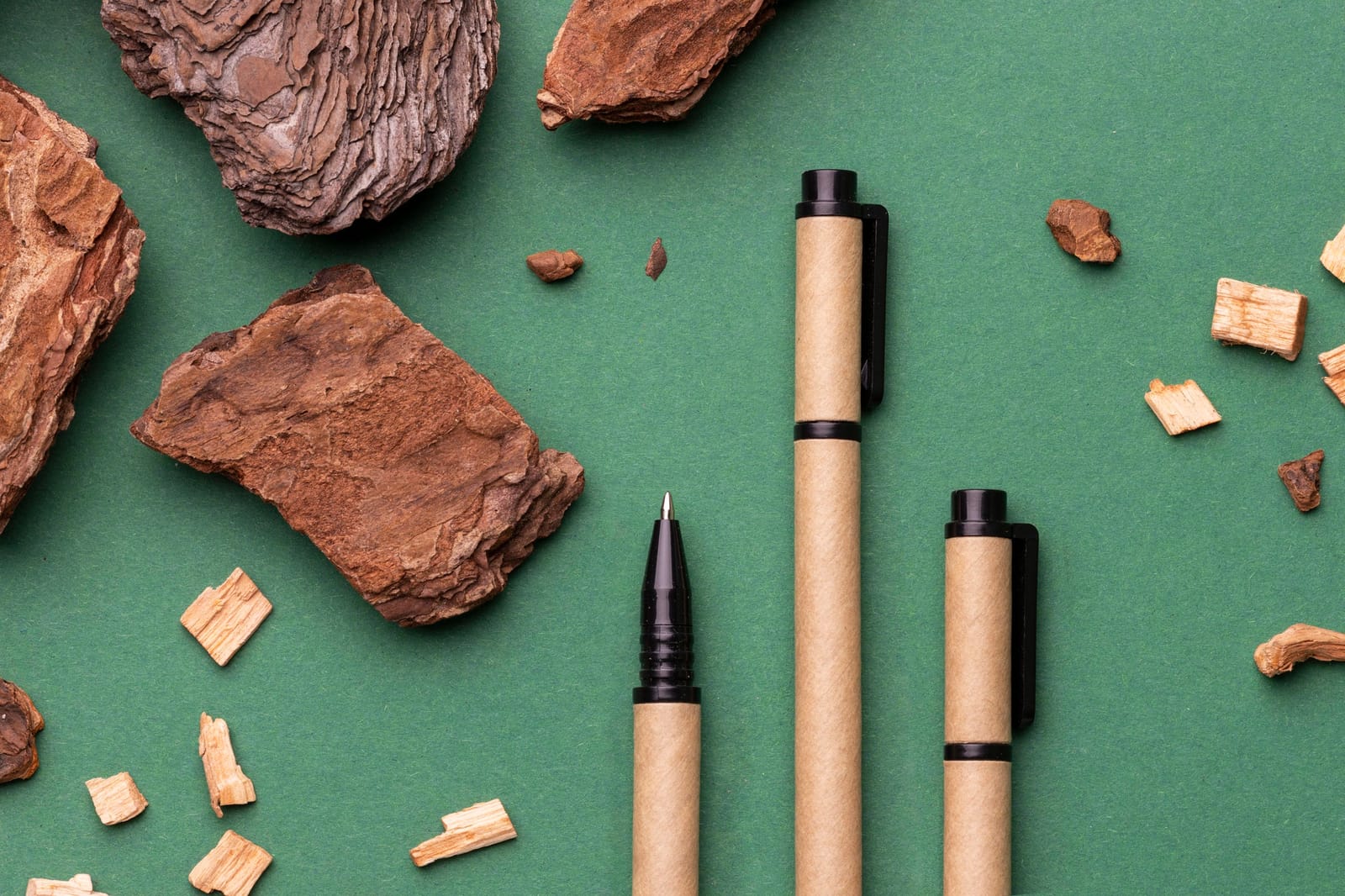 Stylos publicitaires de différentes couleurs posés sur un bureau