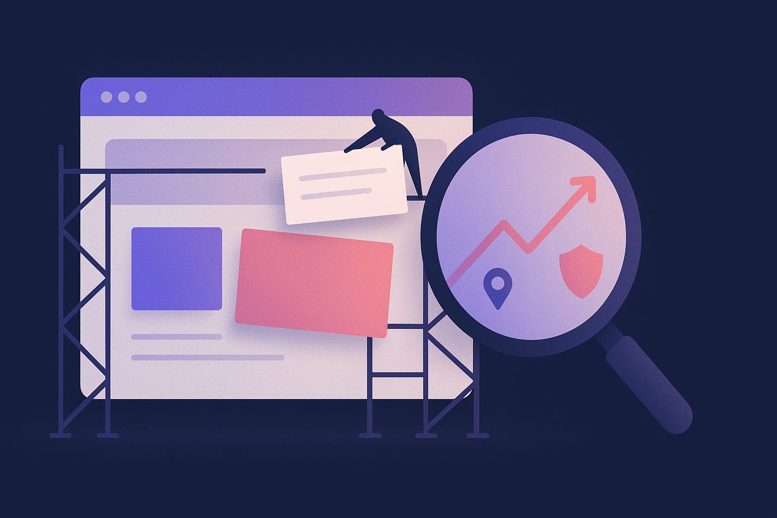 Un site web en refonte, entouré d’échafaudages, et une loupe qui révèle une courbe de positions Google en hausse