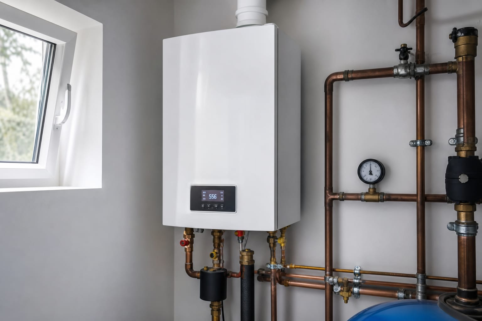 Chaudière à gaz murale blanche dans une chaufferie, avec écran de contrôle et tuyauterie visible