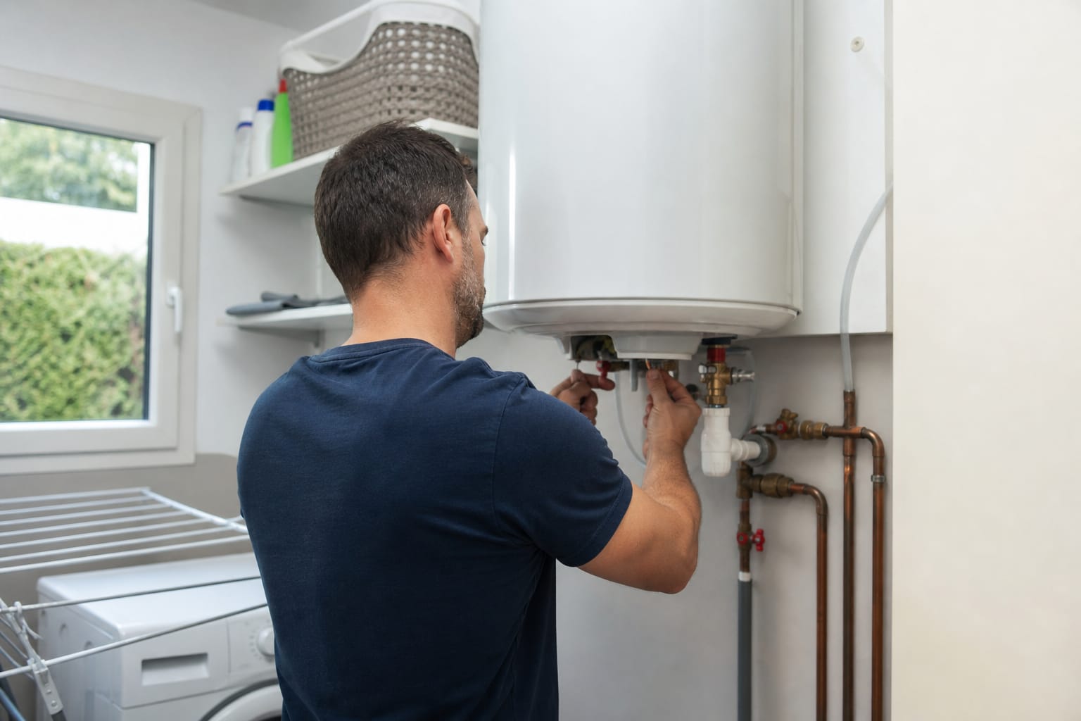 Chauffe-eau électrique blanc installé dans un cellier, avec tuyaux de cuivre et robinets visibles
