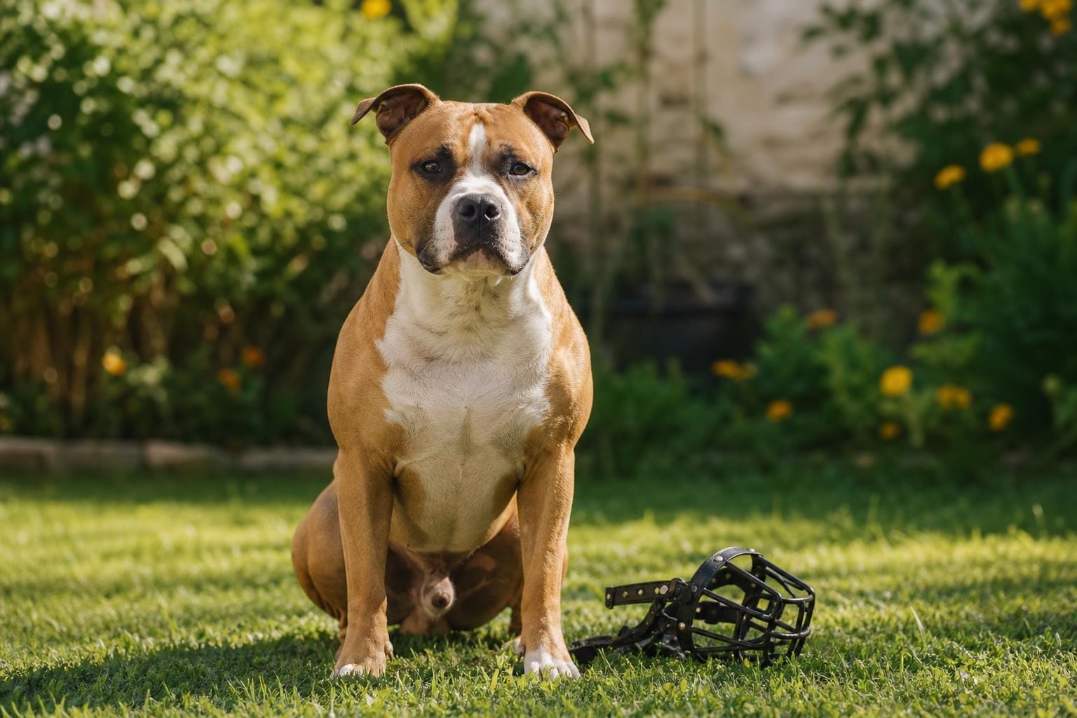 Chien de type molosse assis sagement dans un jardin, muselière posée à côté sur l'herbe
