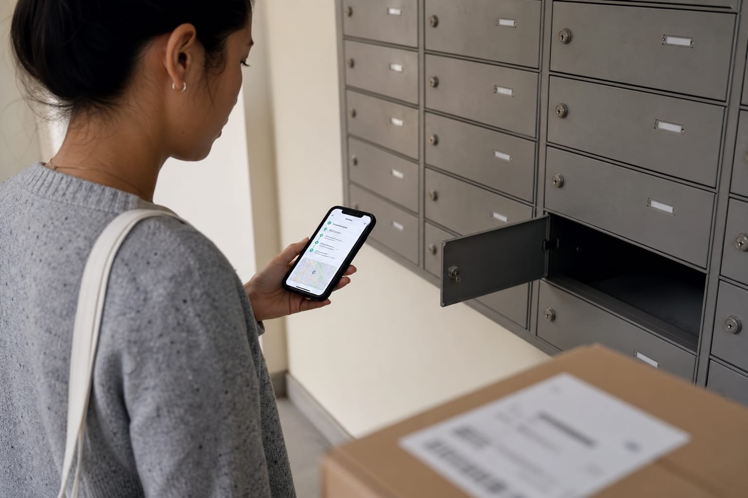 Personne consultant le suivi d'un colis sur son téléphone devant une boîte aux lettres vide, colis de livraison en arrière-plan