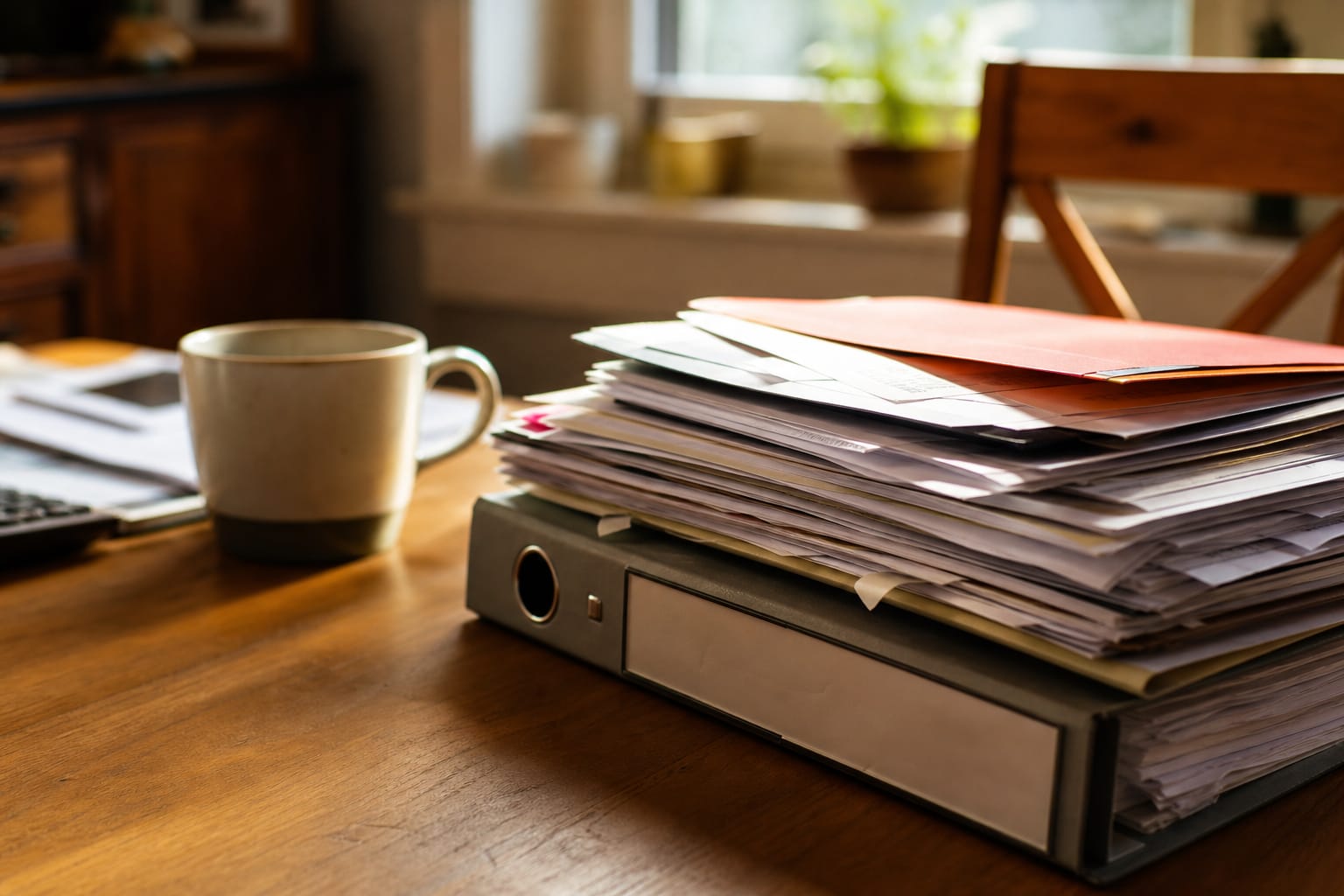 Classeur de papiers administratifs et factures empilés sur un bureau, prêts à être triés