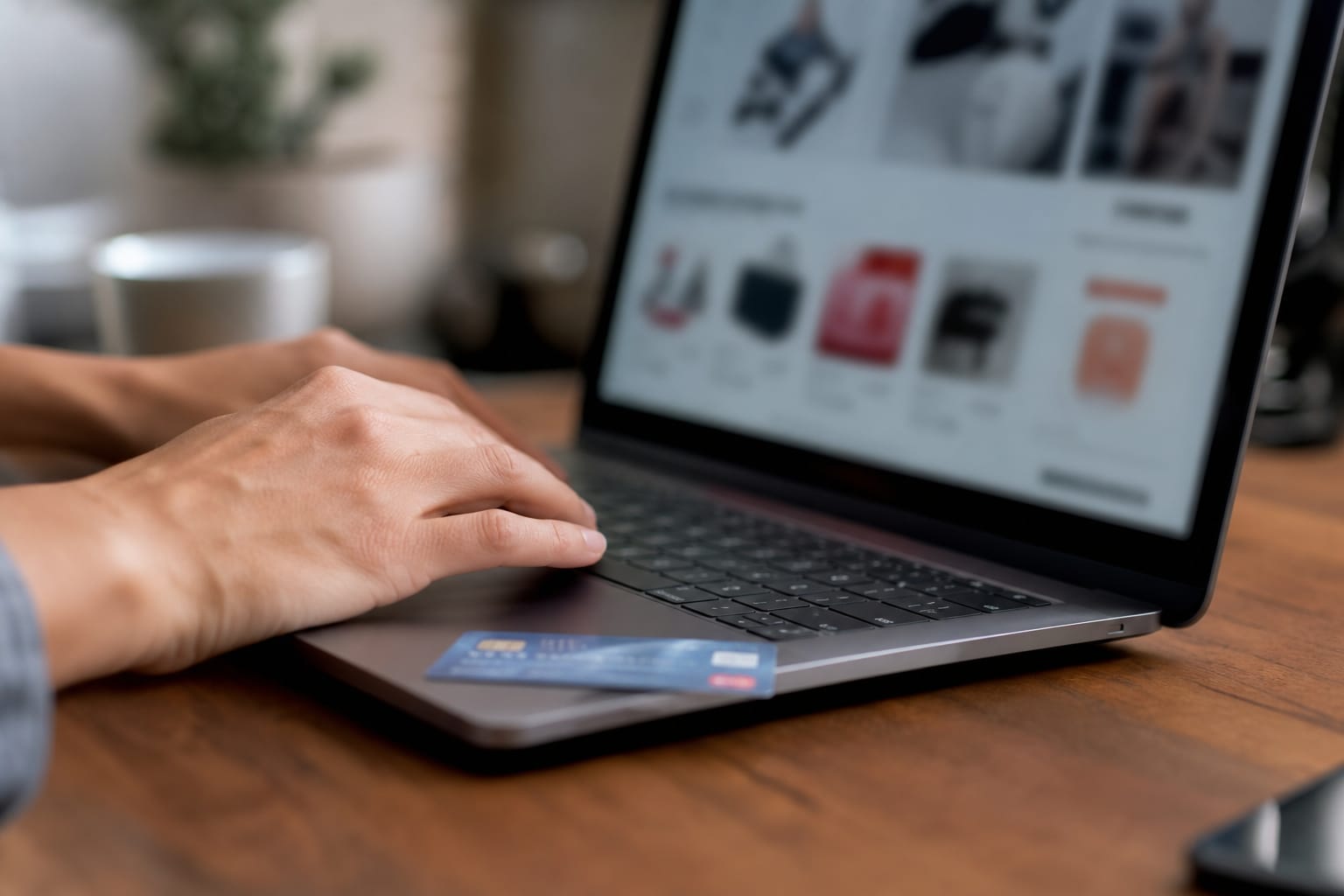 Personne consultant une boutique en ligne sur un ordinateur portable, carte bancaire posée à côté du clavier