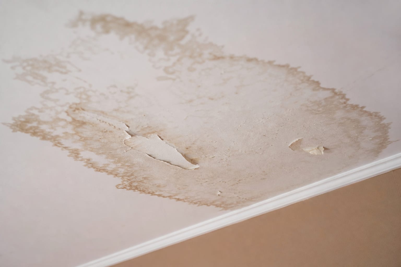 Plafond d'un salon avec une large tache d'humidité brunâtre causée par une infiltration d'eau venue de l'étage supérieur