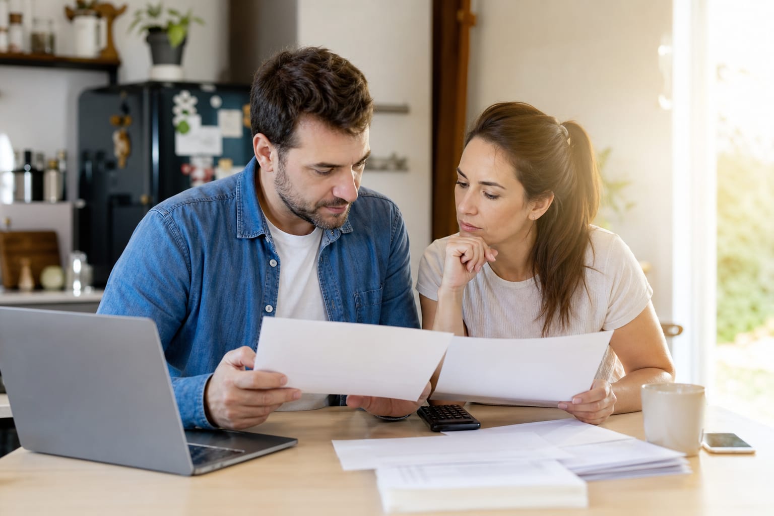 Couple assis à une table de cuisine, documents de crédit immobilier et calculatrice étalés devant eux