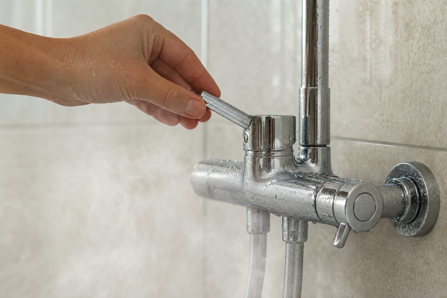 Main ouvrant un robinet de salle de bain d'où s'échappe de la vapeur d'eau chaude, gros plan sur le jet d'eau