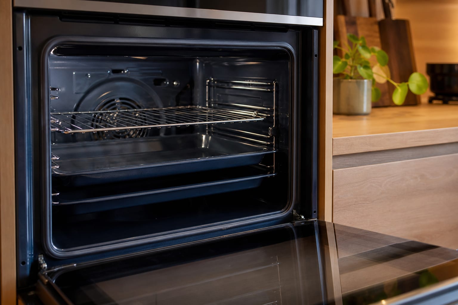 Four encastrable ouvert dans une cuisine moderne, intérieur propre après un cycle de pyrolyse