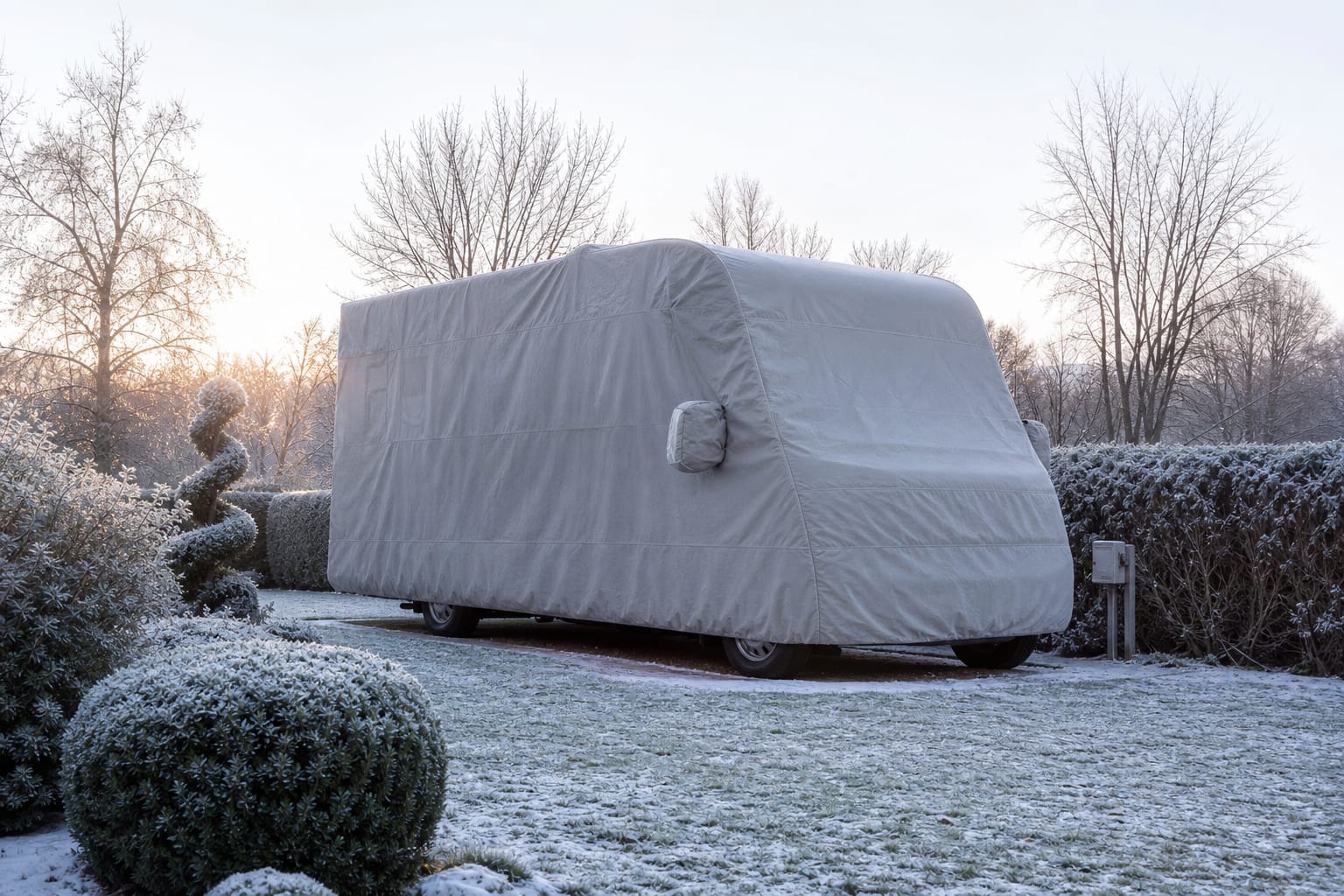 Camping-car garé sous une housse de protection dans un jardin enneigé en hiver