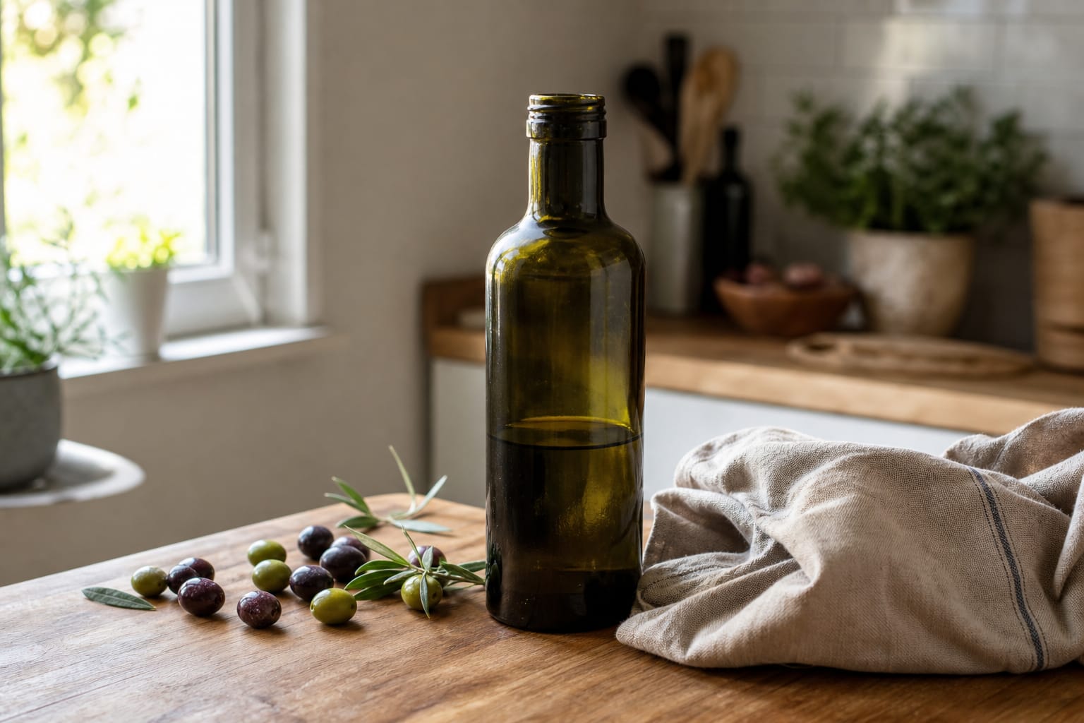 Bouteille d'huile d'olive entamée posée sur un plan de travail de cuisine en bois, lumière naturelle