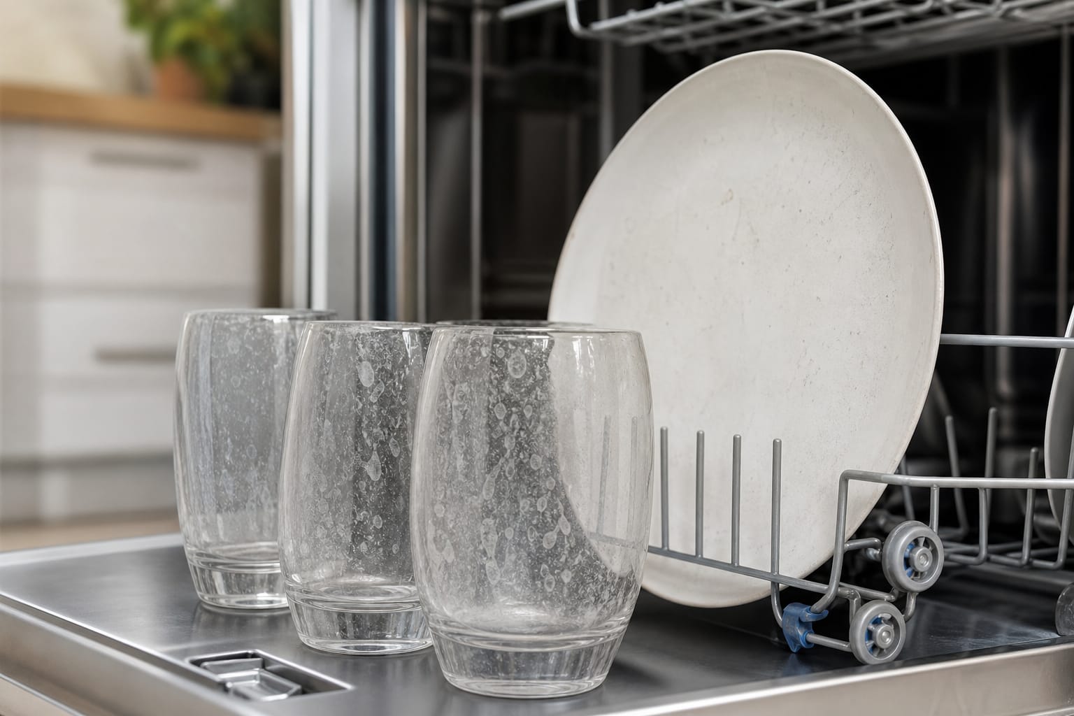 Verres et assiettes couverts d'un voile blanc calcaire à la sortie d'un lave-vaisselle