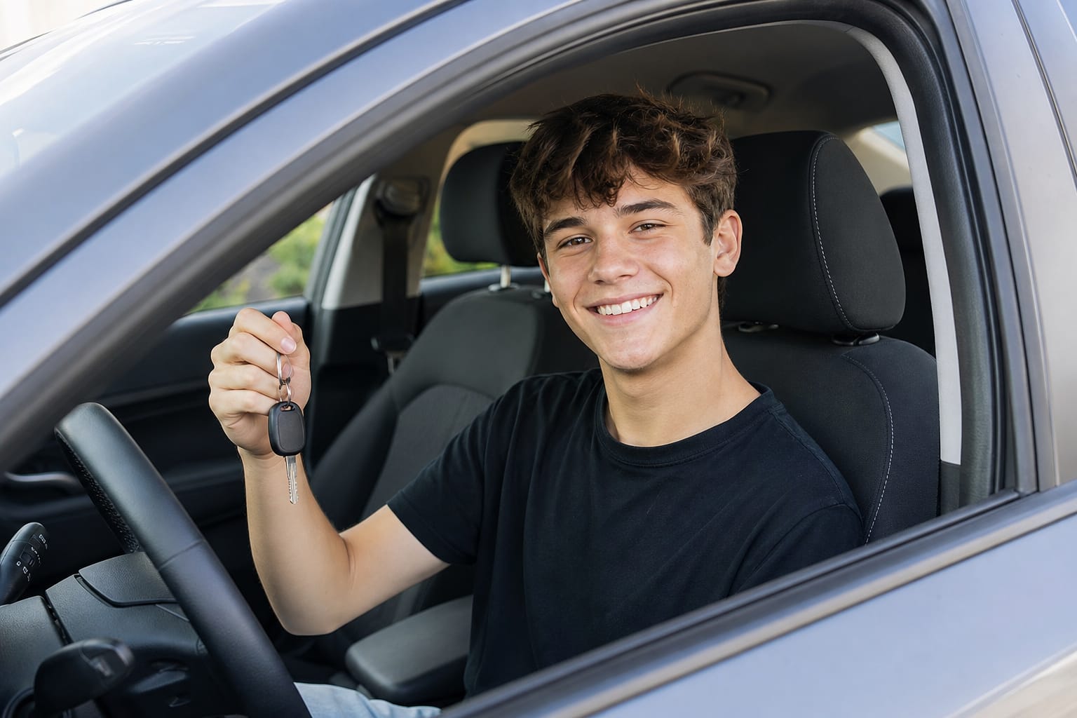 Jeune conducteur souriant assis au volant de sa première voiture, clés à la main