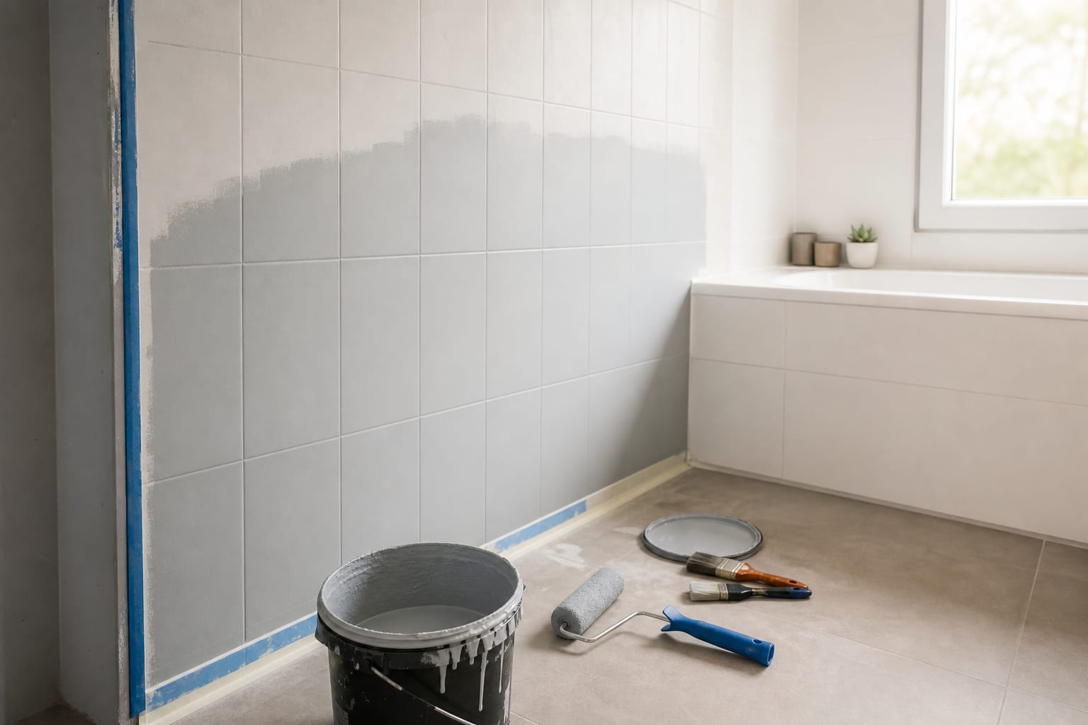 Mur de carrelage de salle de bain fraîchement repeint en gris clair, pinceau et pot de peinture posés au sol