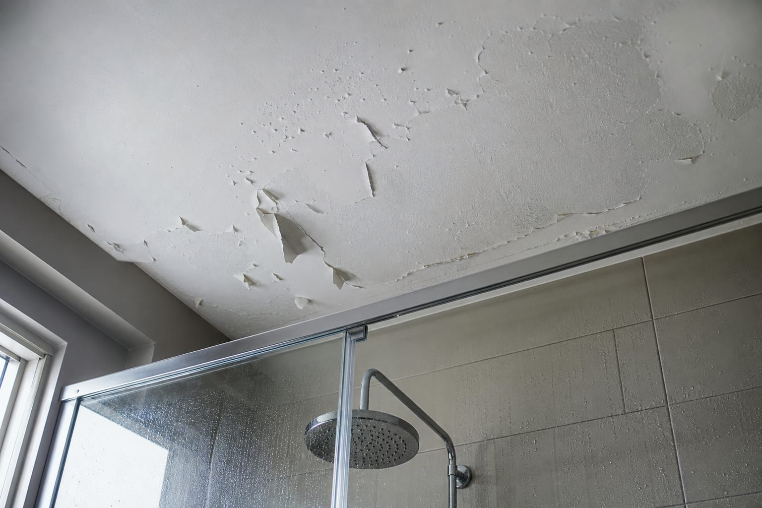 Plafond de salle de bain avec de la peinture qui cloque et s'écaille en plaques au-dessus d'une douche