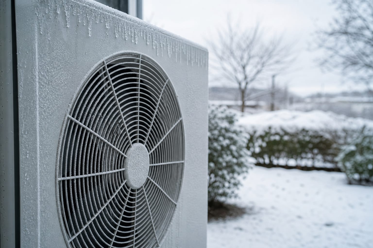Unité extérieure de pompe à chaleur recouverte de givre et de glace un matin d'hiver