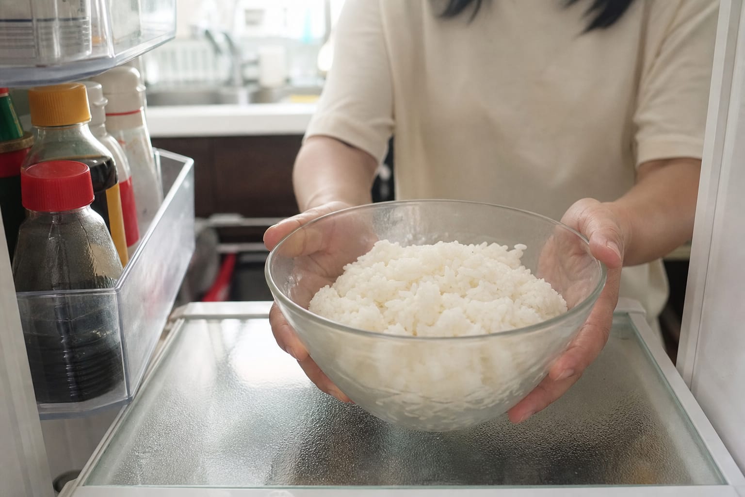 Bol de riz blanc cuit posé sur une étagère de réfrigérateur, prêt à être conservé