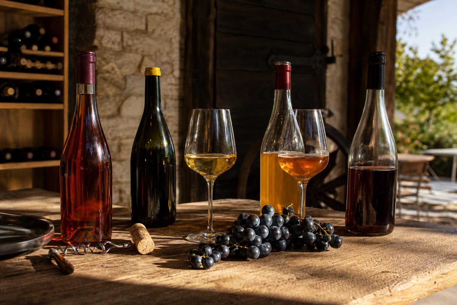 Bouteilles de vin nature posées sur une table en bois avec des verres et une grappe de raisin