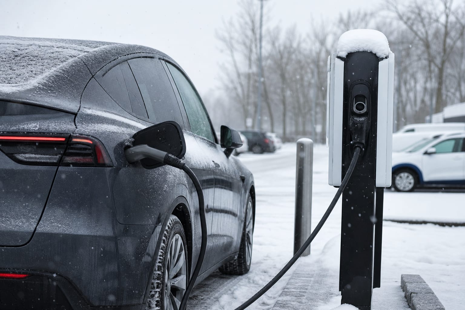 Voiture électrique branchée à une borne de recharge sur un parking enneigé en hiver