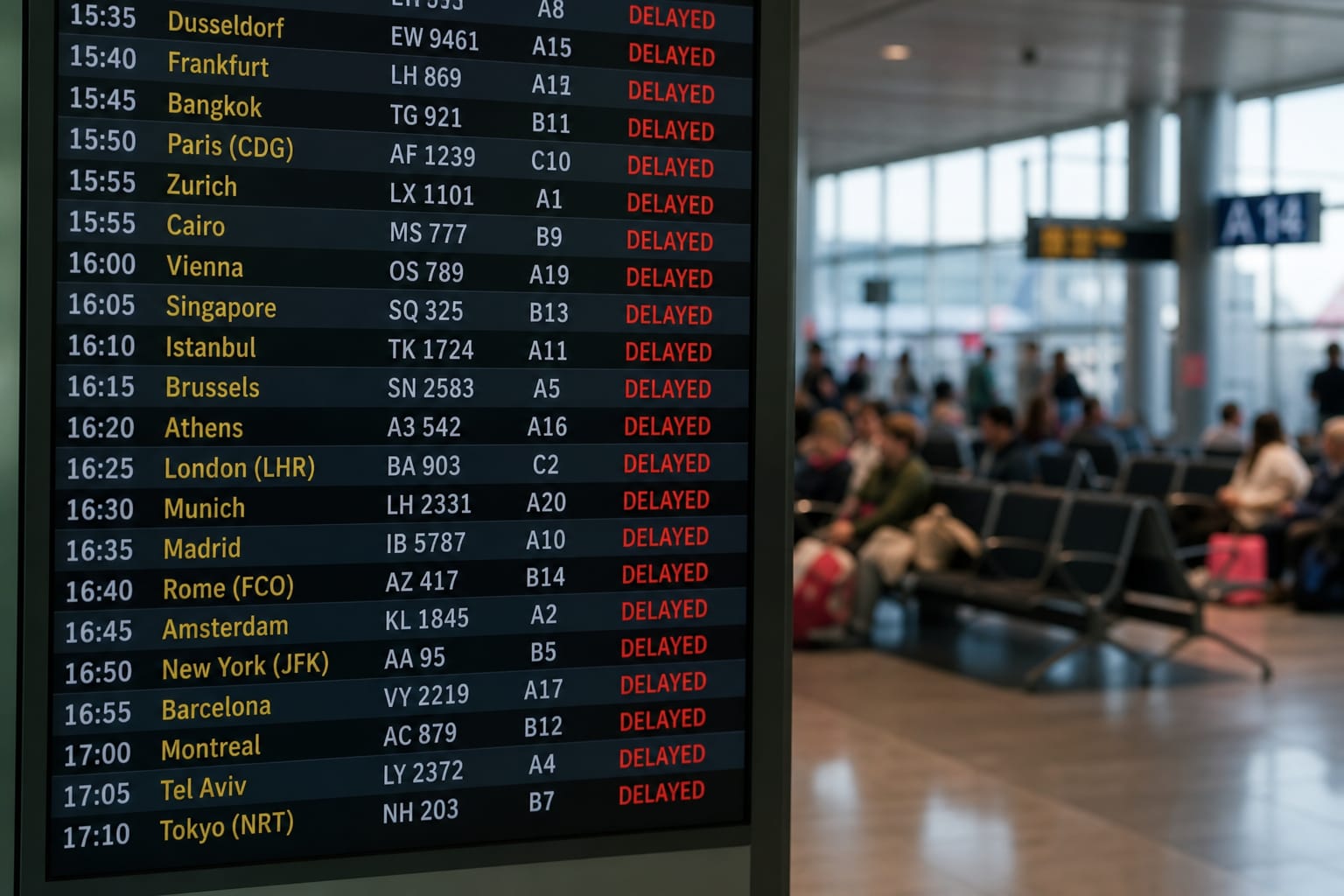 Panneau d'affichage des départs dans un aéroport avec plusieurs vols marqués retardés