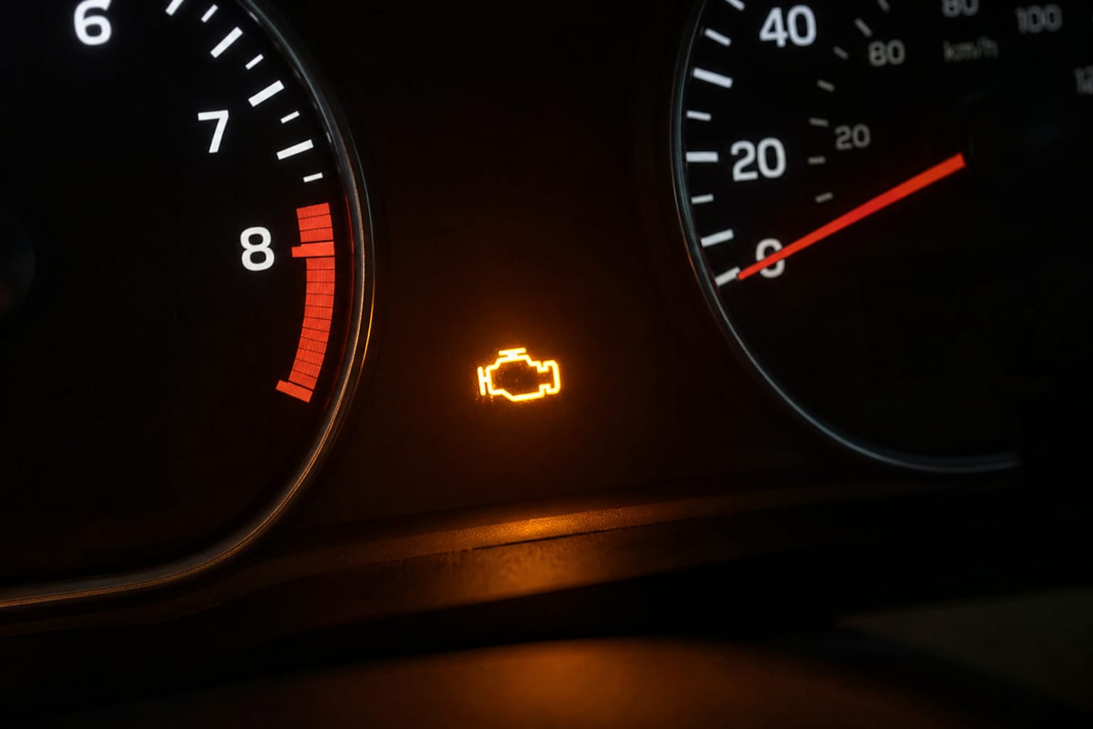 Tableau de bord de voiture de nuit avec le voyant moteur orange allumé en gros plan