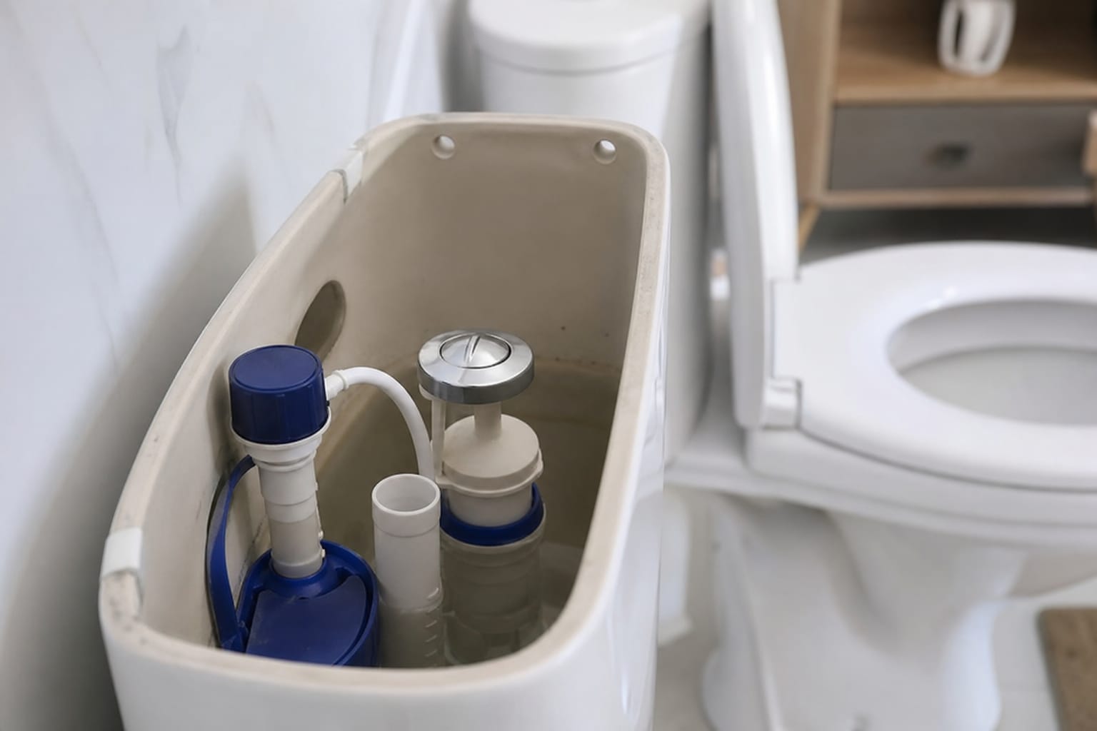 Réservoir de chasse d'eau ouvert avec le mécanisme intérieur et le flotteur visibles, cuvette de toilettes en arrière-plan