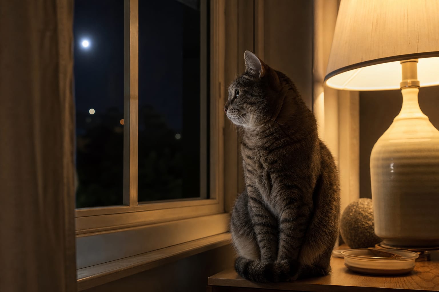 Chat assis dans le noir près d'une fenêtre éclairée par la lune, en pleine nuit