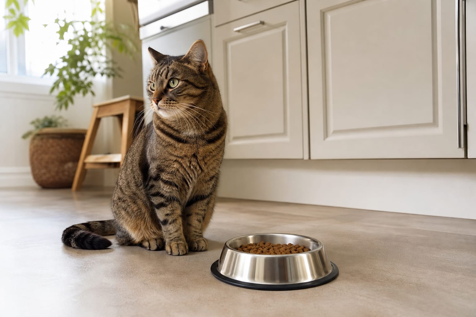 Chat assis à côté d'une gamelle de croquettes intacte, regardant ailleurs dans une cuisine lumineuse