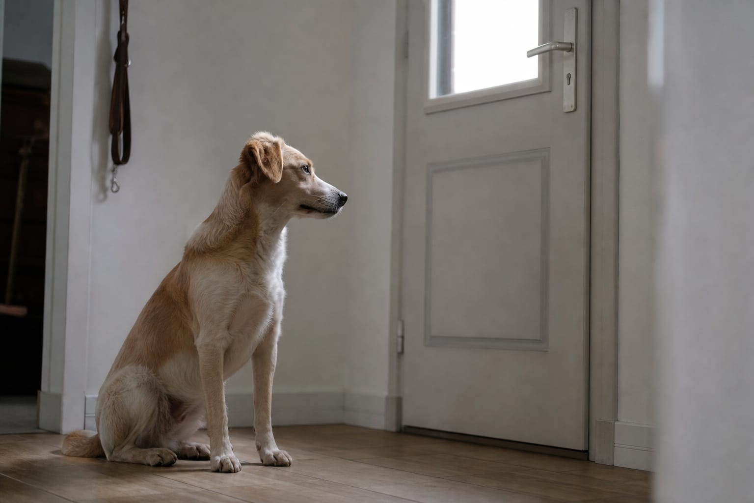 Chien de taille moyenne assis derrière une porte d'entrée vitrée d'un appartement, regardant vers l'extérieur dans un couloir vide