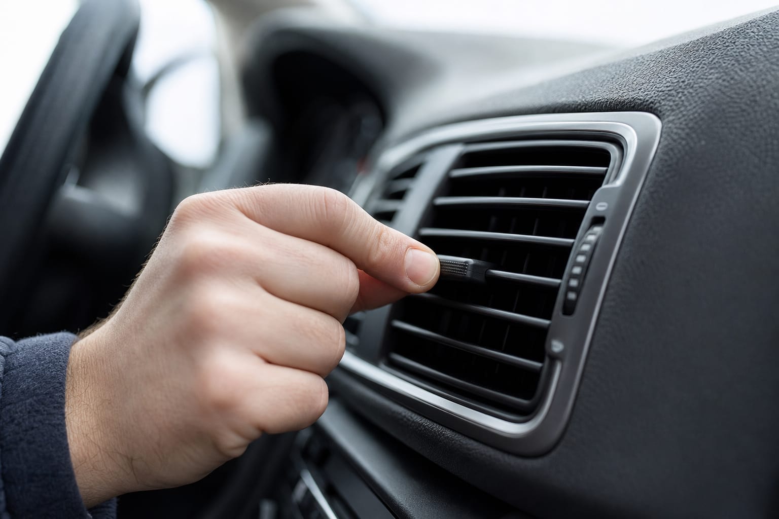 Aérateur de tableau de bord d'une voiture vu de près, main réglant la molette de ventilation dans un habitacle clair
