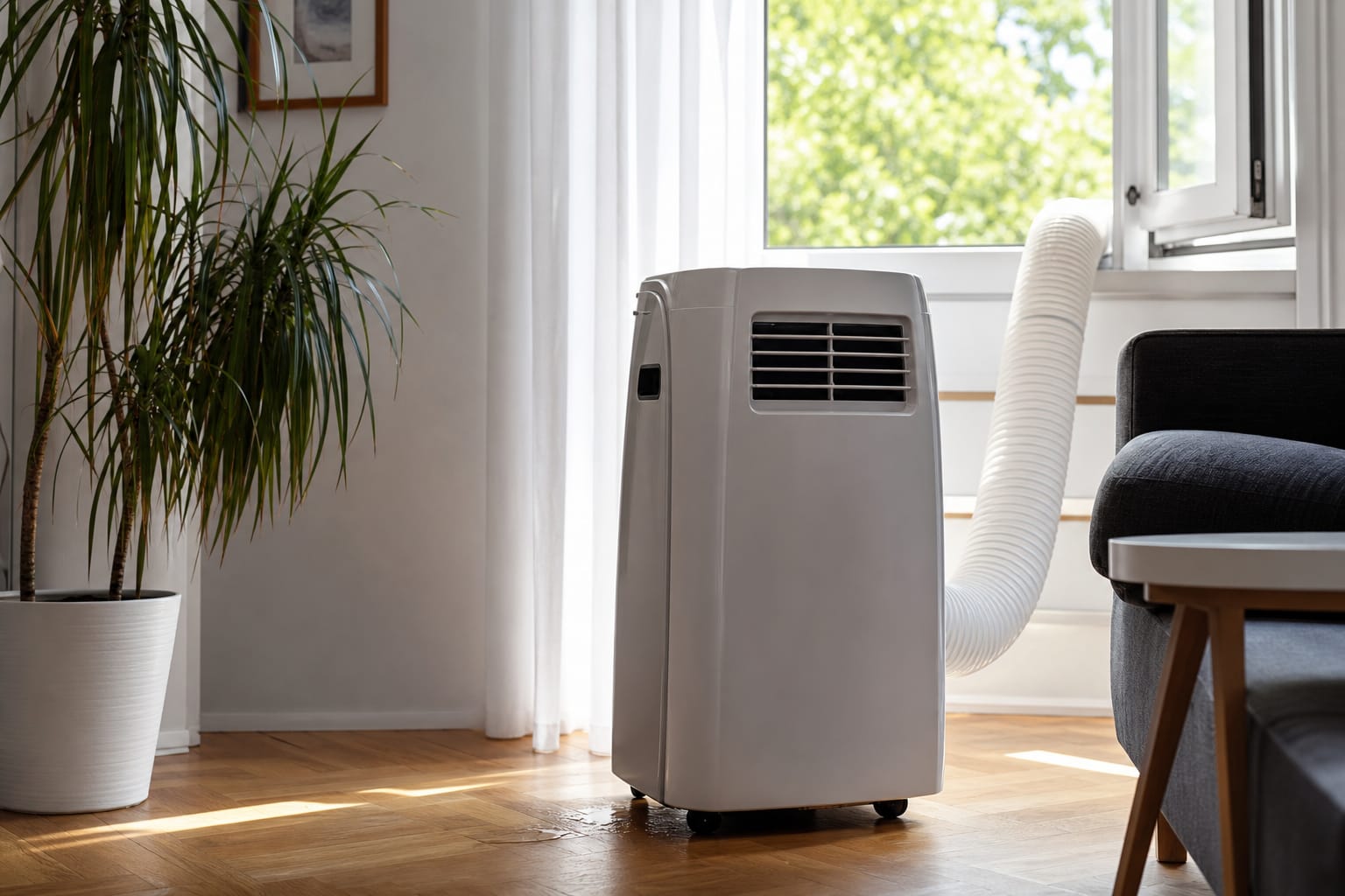 Climatiseur mobile blanc posé dans un salon, tuyau d'évacuation dirigé vers une fenêtre entrouverte