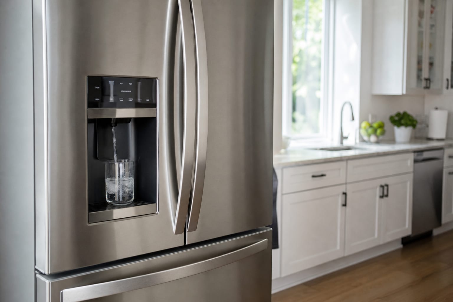 Distributeur d'eau intégré à la porte d'un réfrigérateur américain en inox, verre posé sous le bec verseur