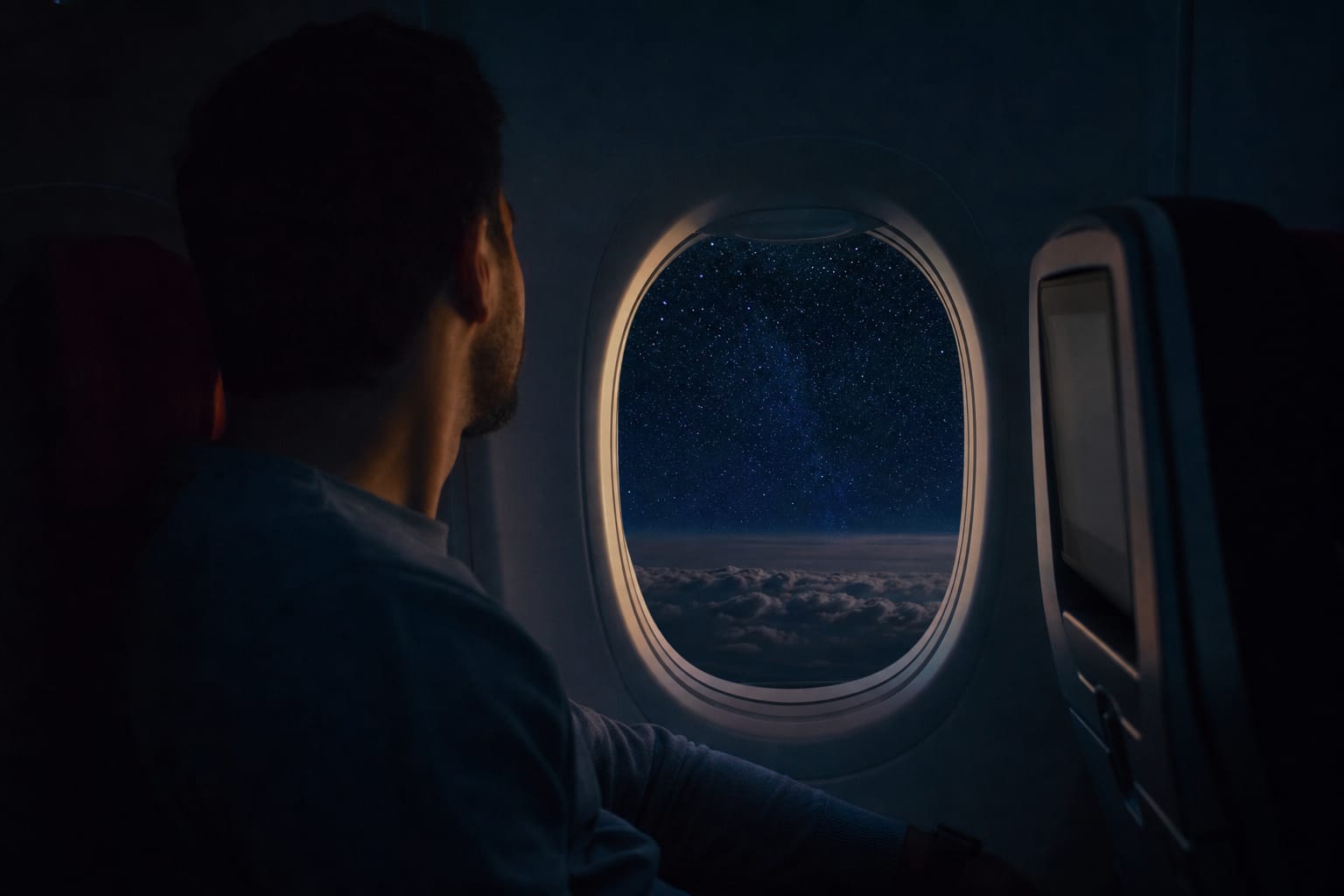 Voyageur assis près d'un hublot d'avion en vol de nuit, lumière tamisée de la cabine, montre au poignet