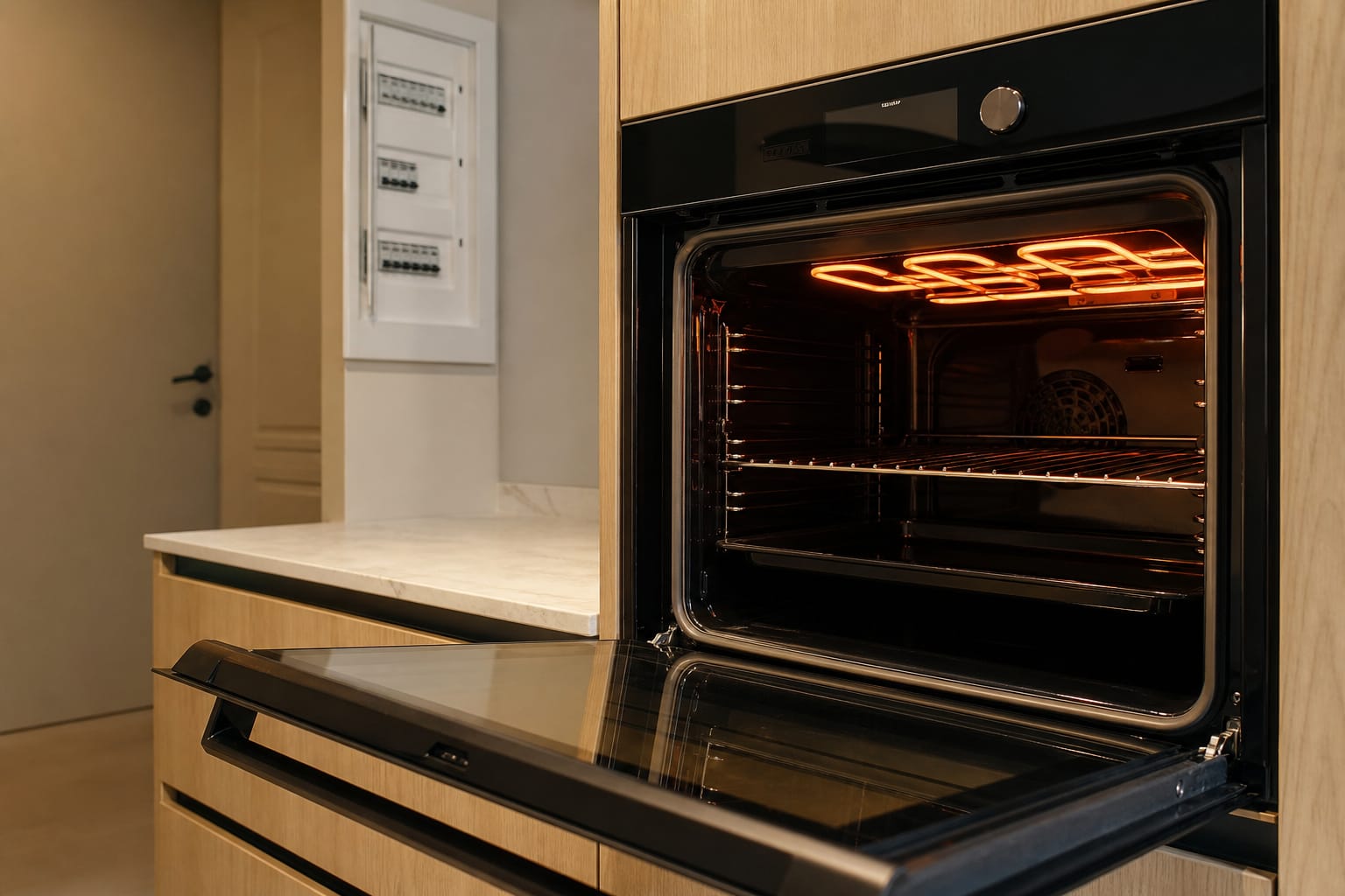 Four électrique encastrable ouvert dans une cuisine, résistance visible et tableau électrique à l'arrière-plan