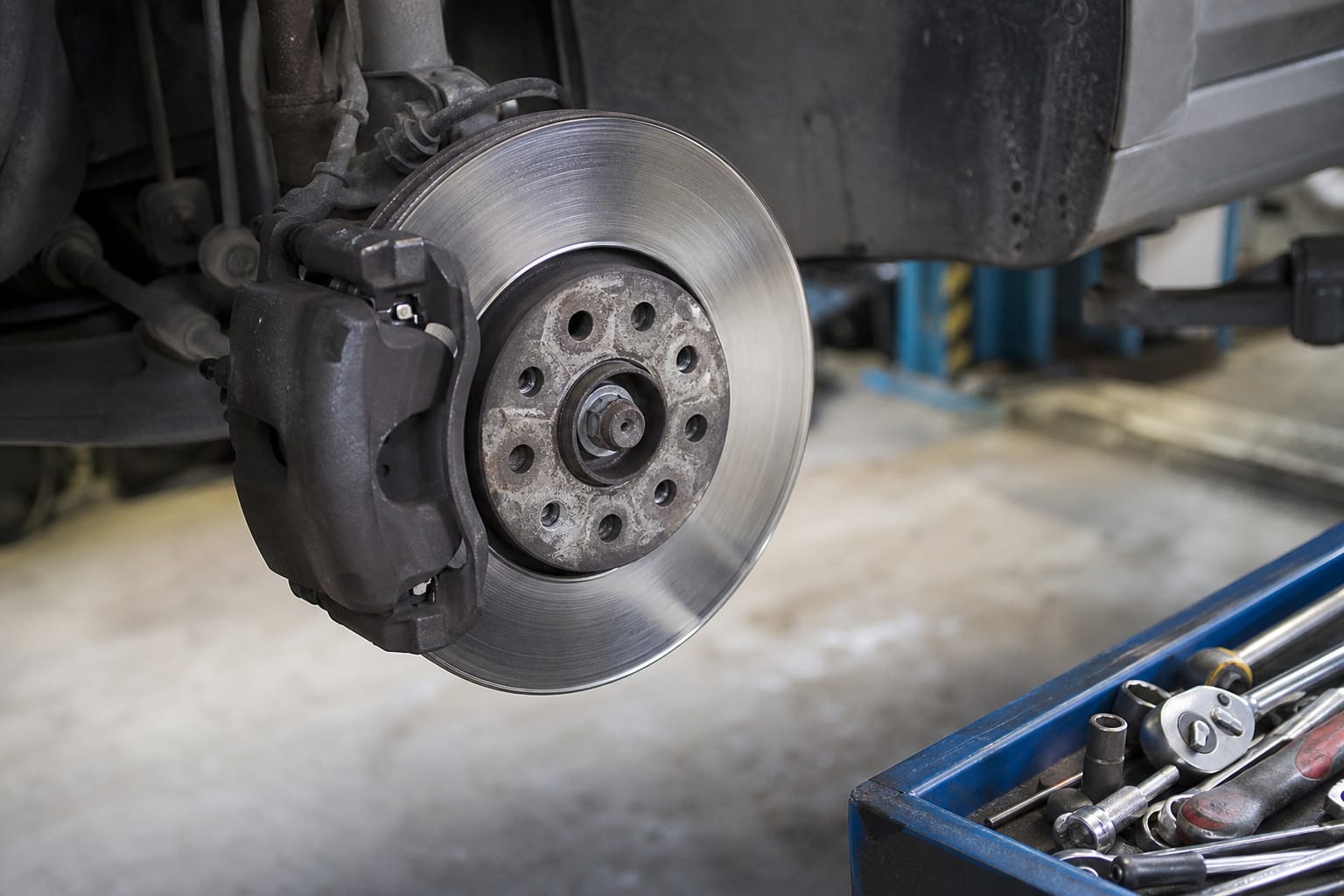 Roue de voiture démontée avec disque et plaquette de frein visibles, atelier de mécanique en arrière-plan