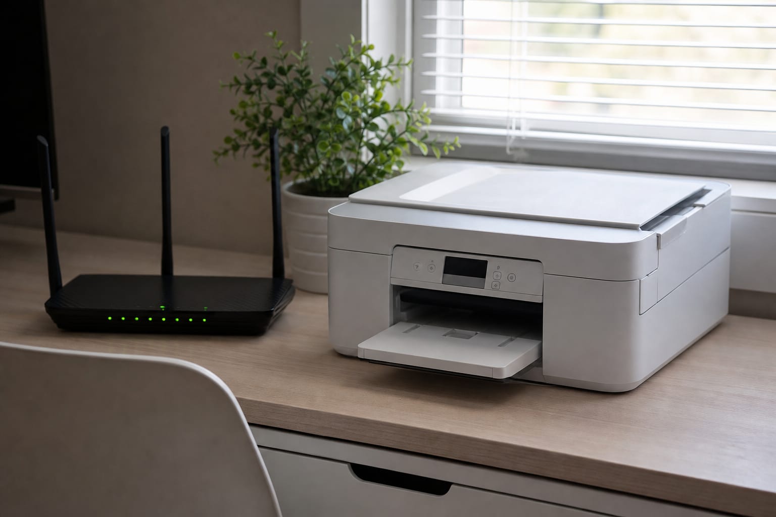 Imprimante multifonction posée sur un bureau à côté d'un routeur Wi-Fi allumé, écran affichant une icône de connexion