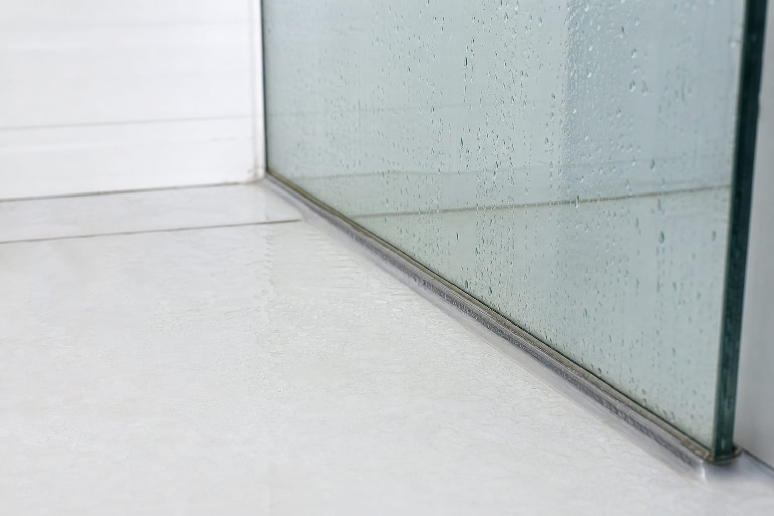 Gros plan sur un joint de silicone au bas d'une paroi de douche, carrelage blanc et pommeau flou en arrière-plan