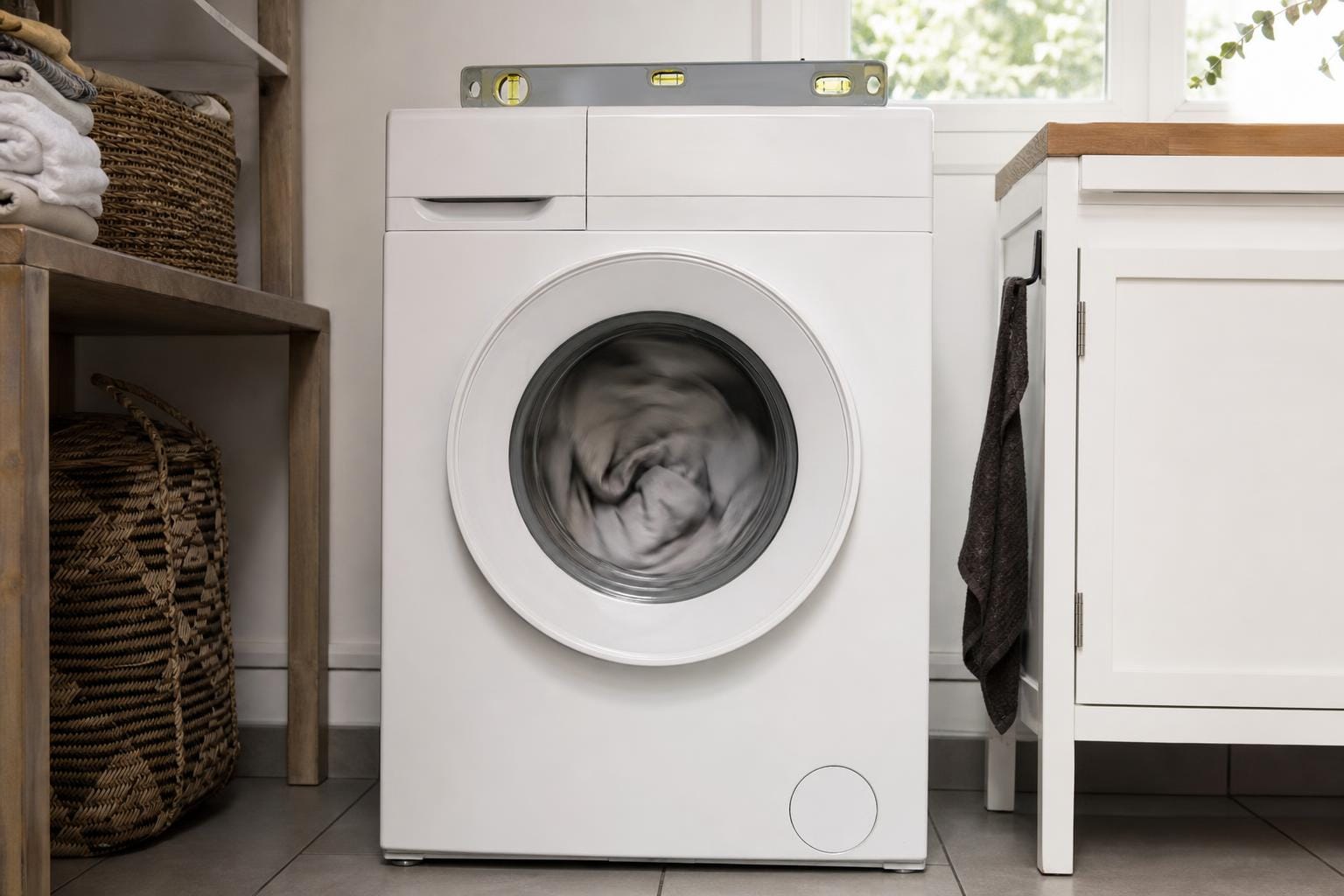 Lave-linge blanc en cours d'essorage dans une buanderie, niveau à bulle posé sur le dessus de l'appareil