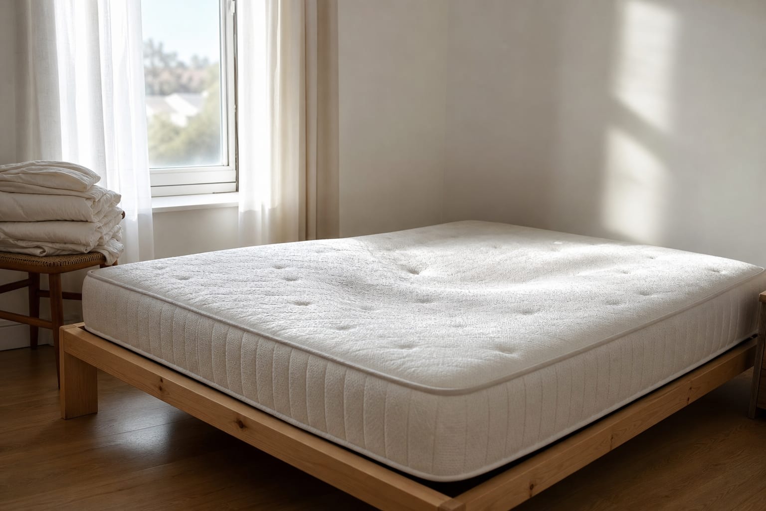 Matelas nu posé sur un sommier à lattes dans une chambre claire, avec un creux visible au centre de la surface