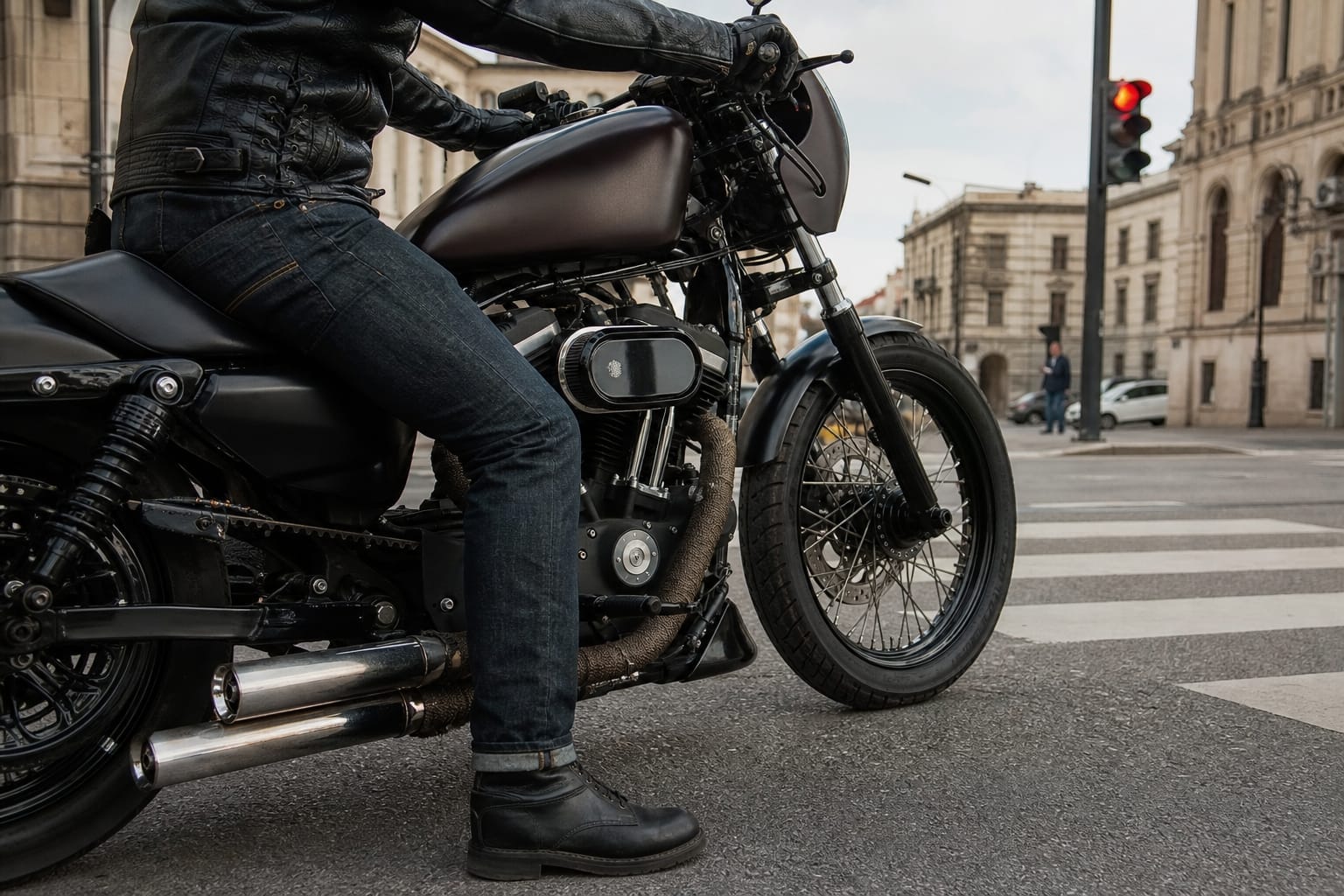 Moto garée à l'arrêt à un feu rouge en ville, vue de profil sur le moteur et le guidon