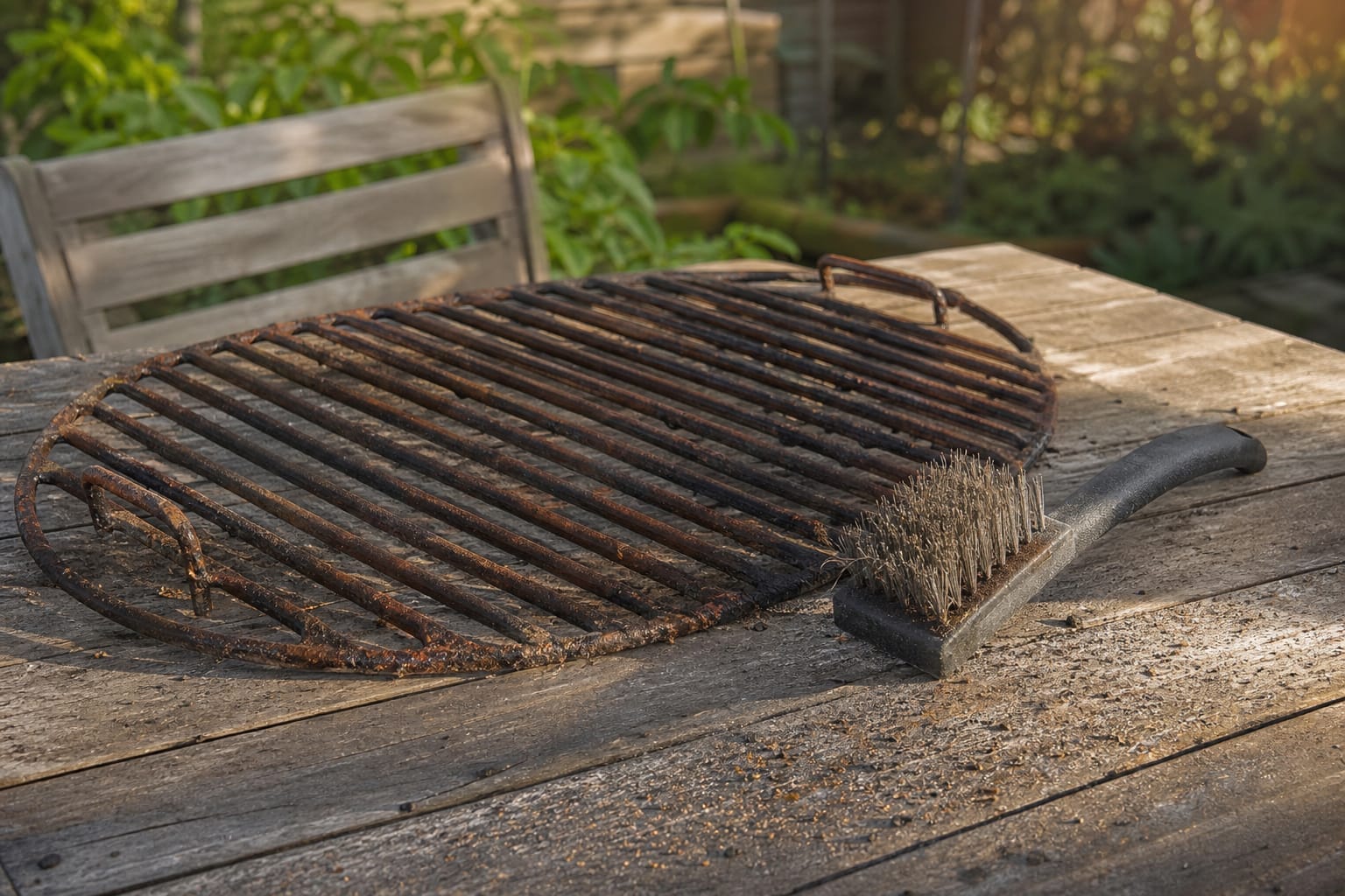 Grille de barbecue en fonte partiellement rouillée posée sur une table en bois extérieure, brosse métallique à côté