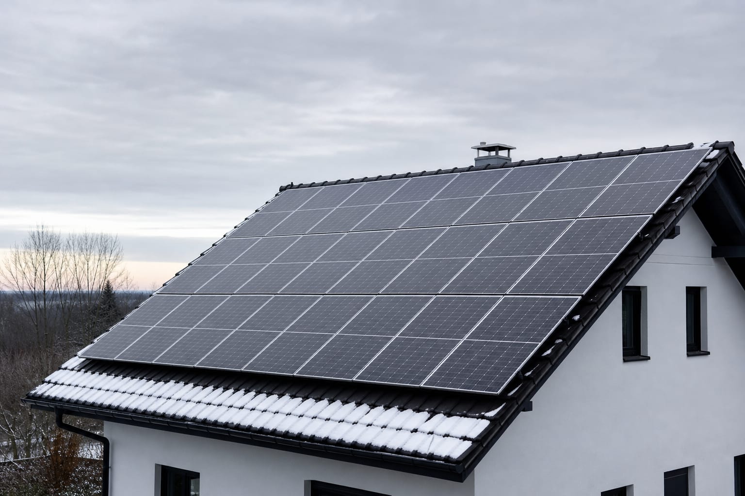 Toit de maison couvert de panneaux photovoltaïques sous un ciel d'hiver gris et bas