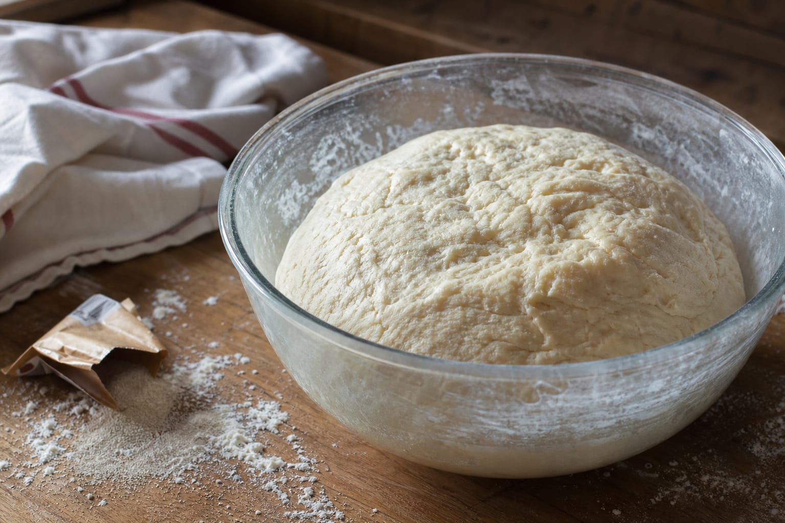 Pâte à pain compacte et plate dans un saladier, à côté d'un sachet de levure de boulanger sur un plan de travail fariné