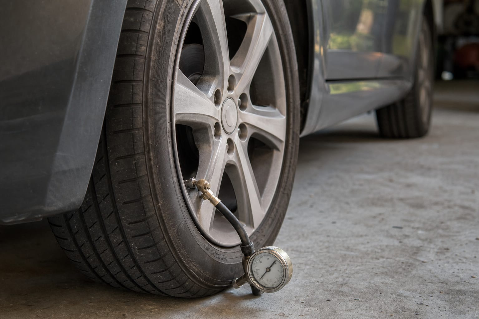 Roue avant d'une voiture avec un manomètre branché sur la valve, pneu contrôlé dans une allée de garage