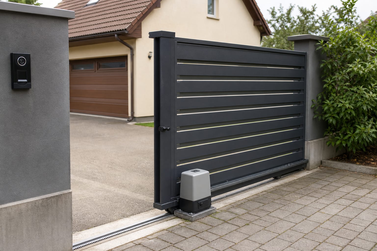 Portail motorisé coulissant à moitié ouvert devant une maison, avec le moteur et le rail visibles au sol