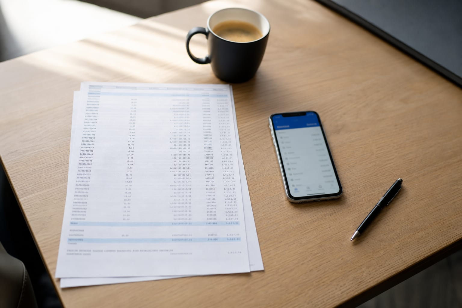 Relevé de compte bancaire papier posé sur une table avec un smartphone affichant une application bancaire et une tasse de café