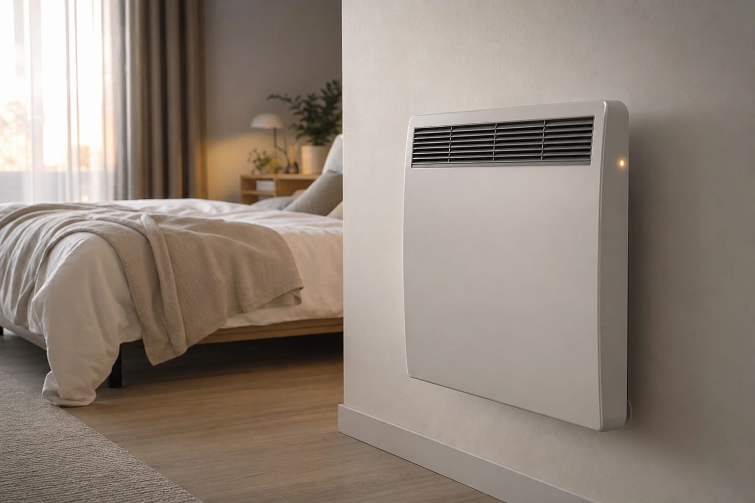Radiateur électrique blanc fixé au mur d'une chambre, allumé, avec un lit visible en arrière-plan