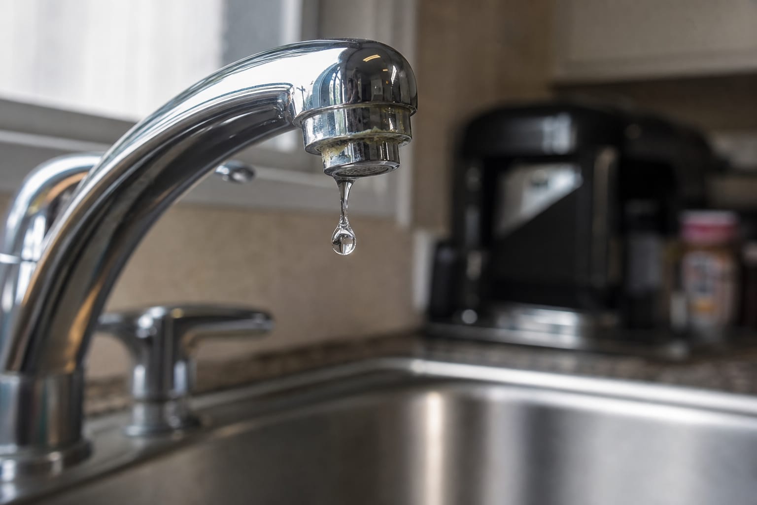 Gros plan sur un robinet de cuisine qui laisse tomber une goutte d'eau au-dessus d'un évier