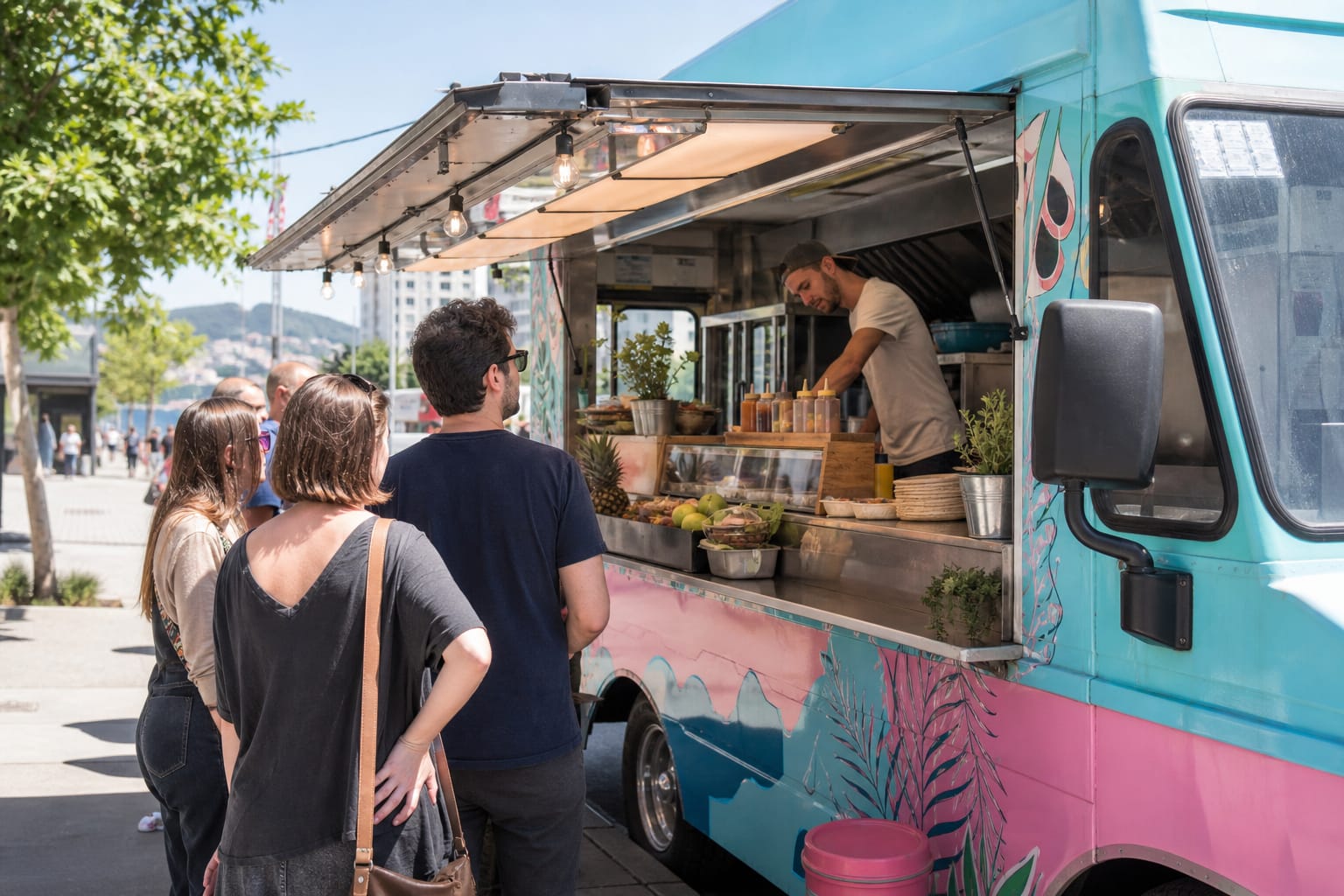 Food truck garé sur un emplacement urbain, comptoir ouvert, quelques clients faisant la queue devant
