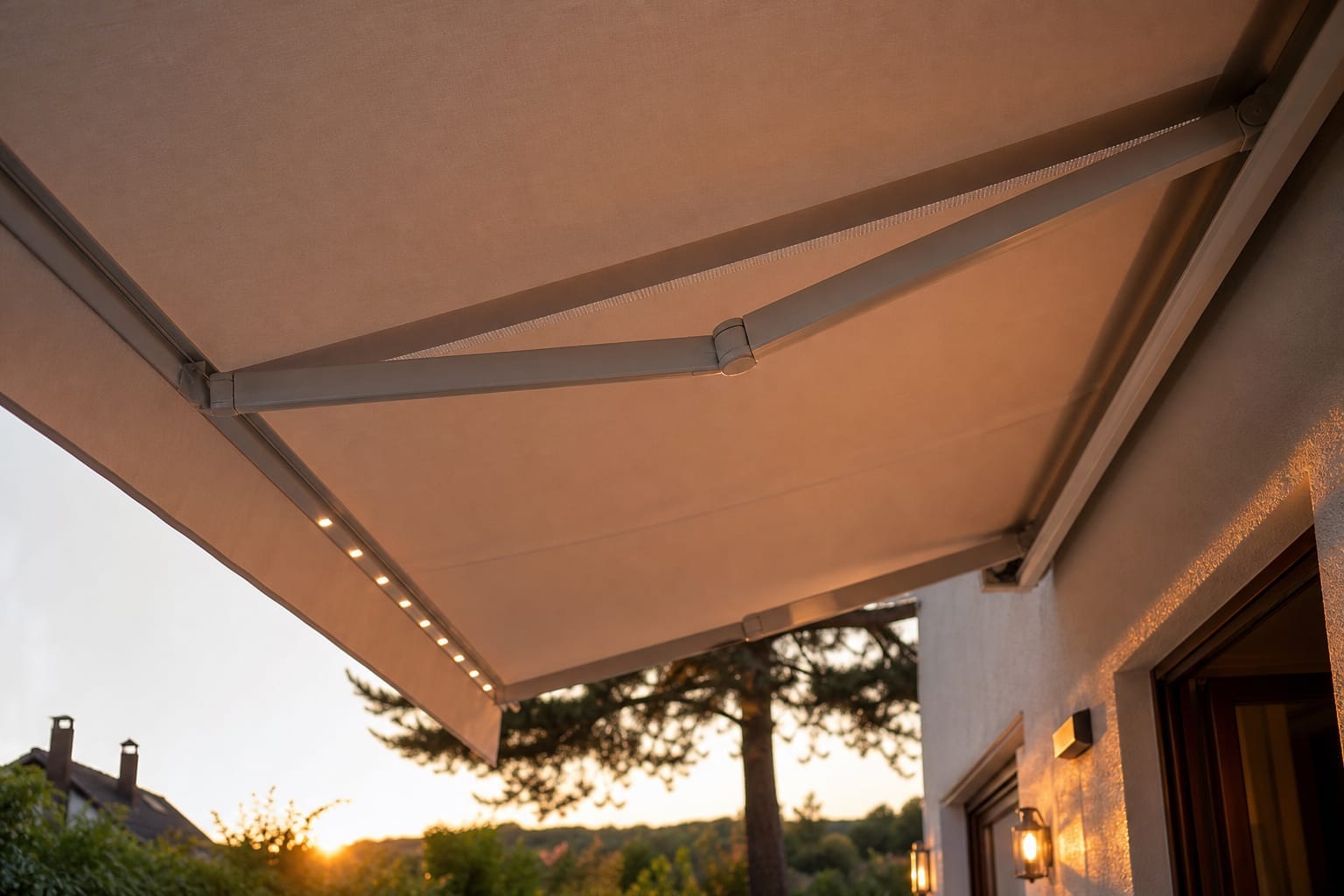 Store banne déployé au-dessus d'une terrasse, vu de dessous avec le mécanisme et les bras visibles